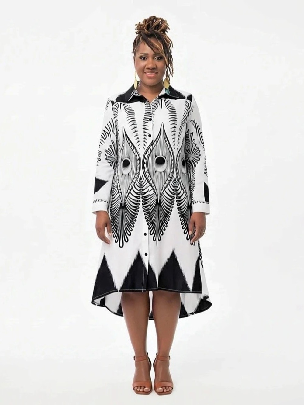 Step In Style Black & White Peacock Feather Print Asymmetrical Hem Dress